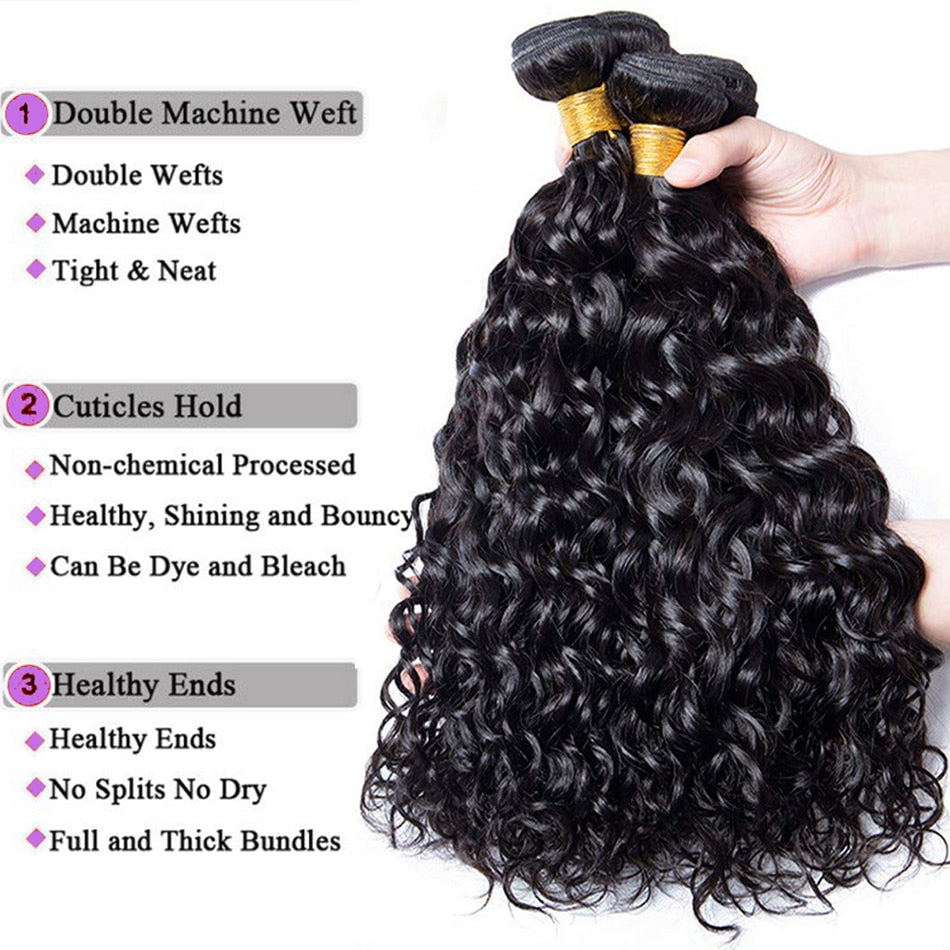 Malaysian Water Wave Bundles With Closure Wet and Wavy Curly Human Hair Bundles With Frontal Closure Remy Hair Weave Extensions