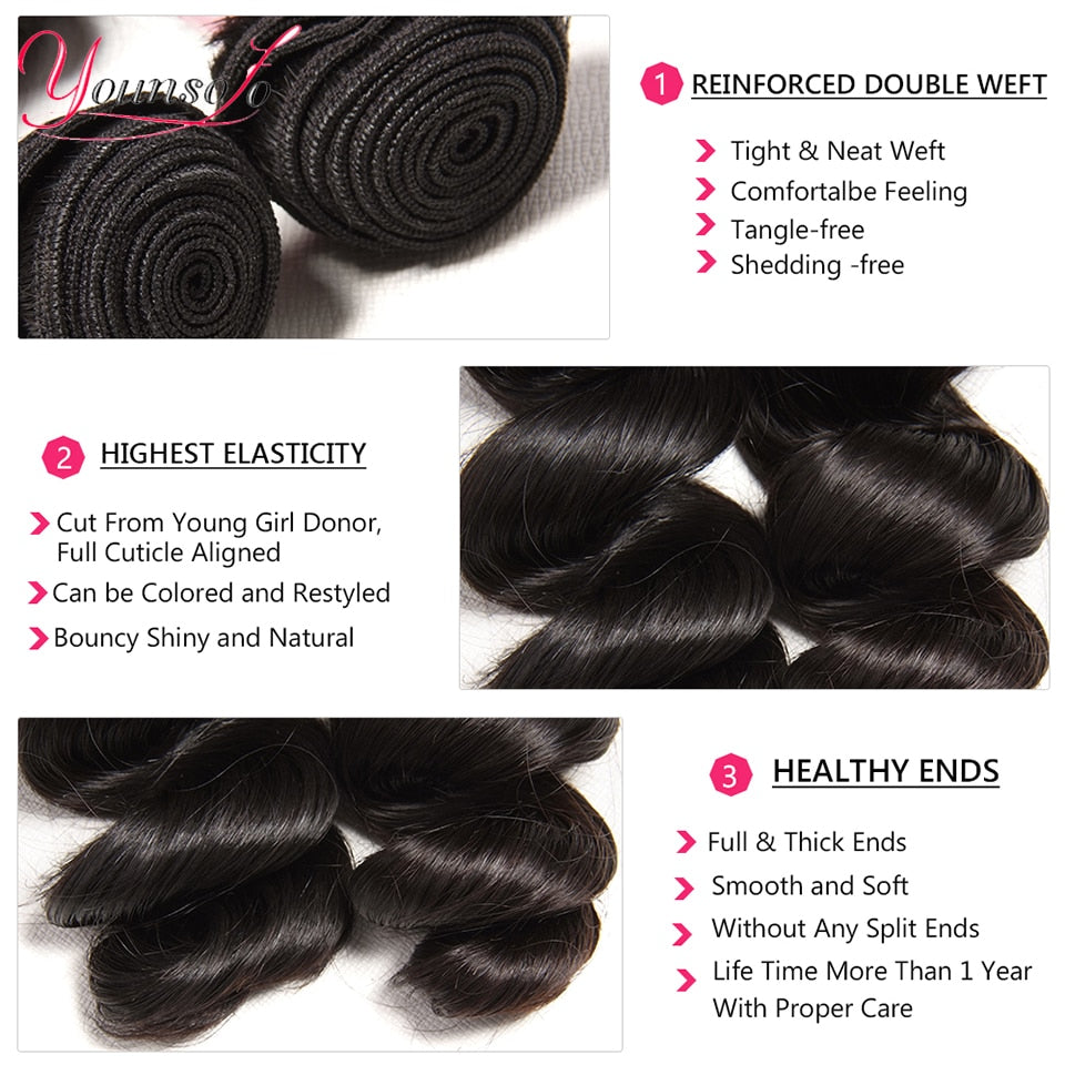 Younsolo Human Hair Loose Wave Bundles With Closure Brazilian Remy Human Hair 3/4 Bundles With Swiss Lace Closure Natural Black
