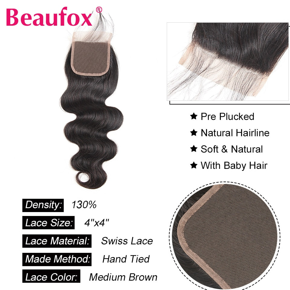 Beaufox Body Wave Bundles With Closure Brazilian Hair Weave 3/4 Bundles With Closure Natural Human Hair Bundles With Closure