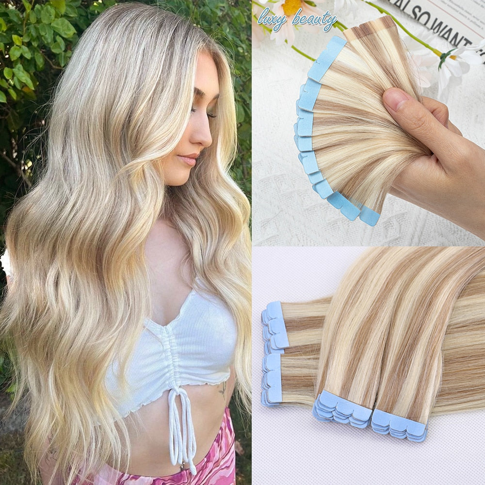 Mini Tape in Human Hair Extensions Double Side Invisible Seamless Tape in Hair 10pcs/set Natural Straight Black Brown Blonde