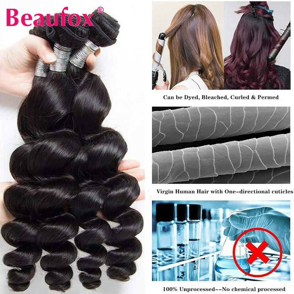 Beaufox Loose Wave Human Hair Bundles With Closure Indian Hair Weave 3/4 Bundles With Lace Closure Wavy Human Hair Extensions