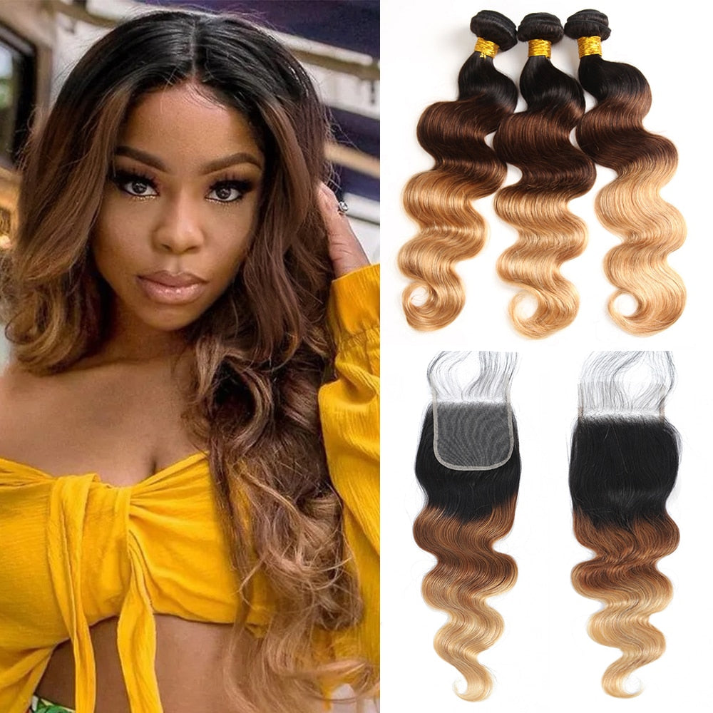 Colored Bundles With Closure Body Wave Brazilian Human Hair Weave Bundles With HD Lace Closure Ombre Brown Extensions For Women