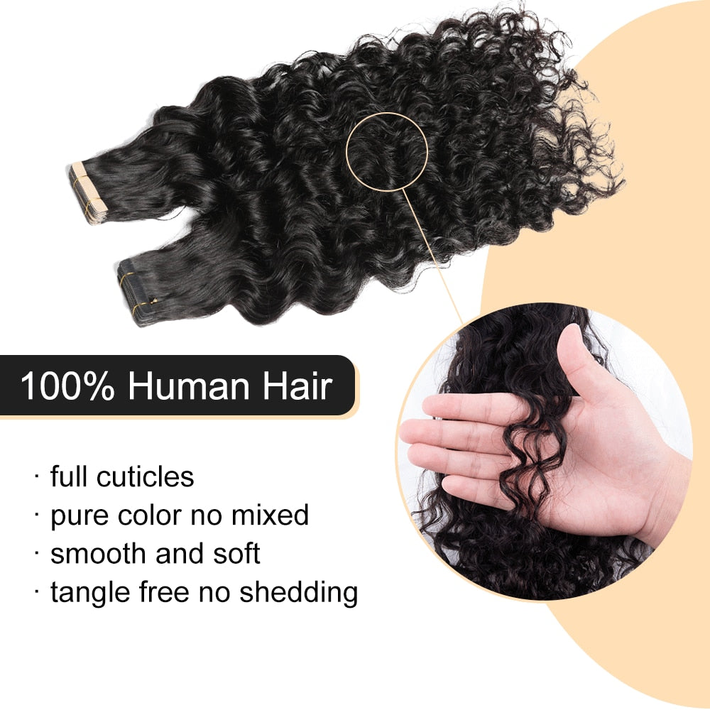 ShowCoco Tape In Human Hair Extensions Deep Curly Tape Ins Hair Extensions Black Girls Skin Weft Remy Natural Hair Extensions