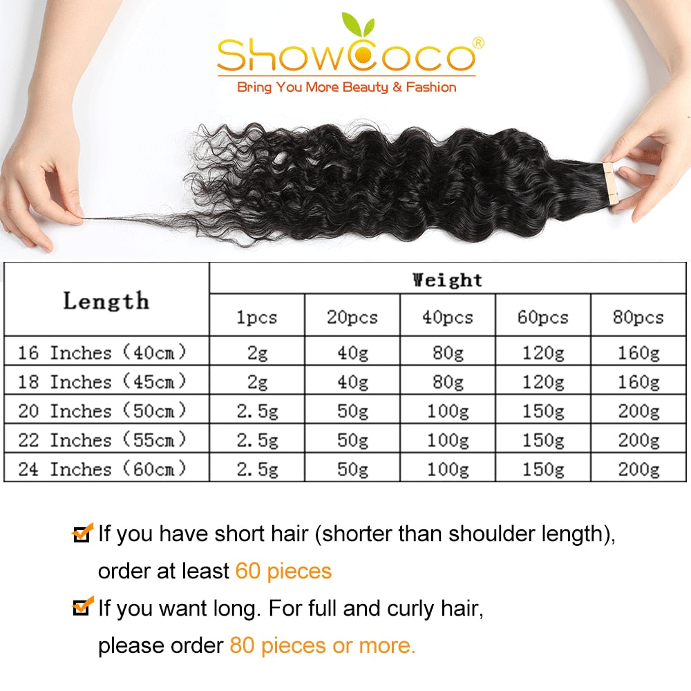 ShowCoco Tape In Human Hair Extensions Deep Curly Tape Ins Hair Extensions Black Girls Skin Weft Remy Natural Hair Extensions