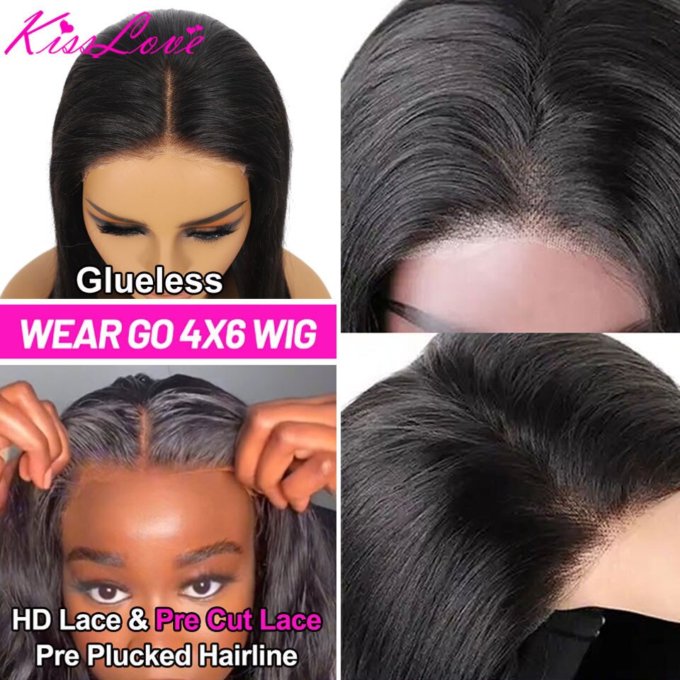 Wear And Go Human Hair Wigs 4x6 Pre Cut Lace Glueless Wig Straight HD Transparent 4x4 5x5 Lace Closure Wig for Women Pre Plucked