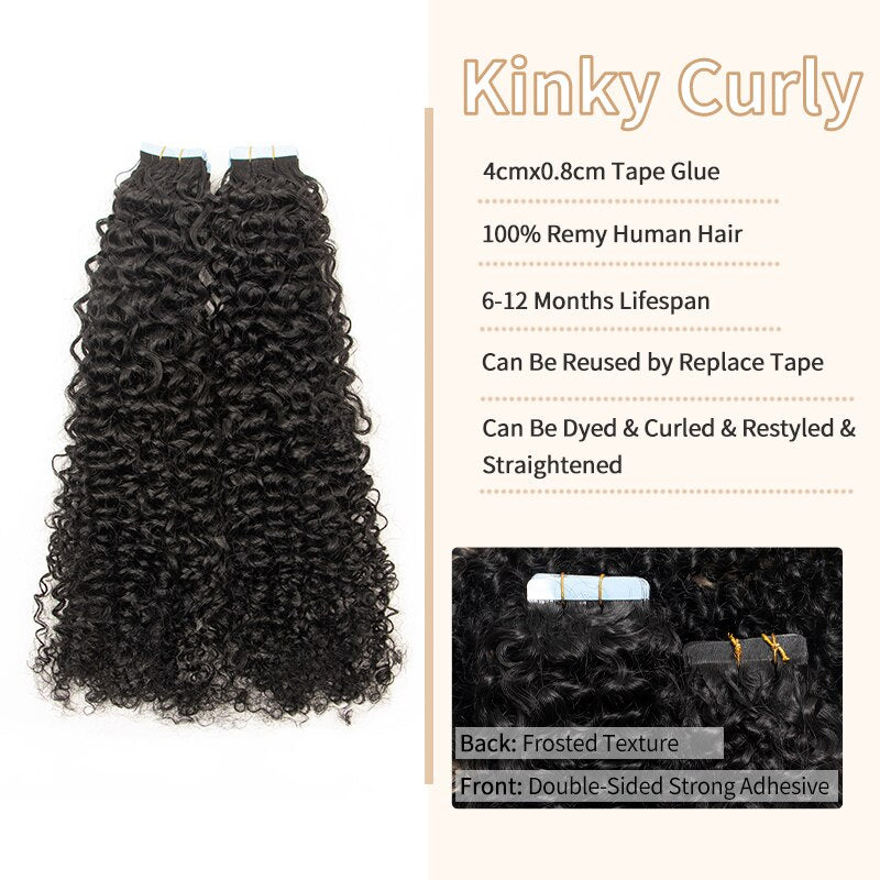 Curly Tape in Extensions Human Hair Remy Kinky Curly Tape in Extensions 12-24 inch Curly  Hair Bundles 20 PCS/Pack