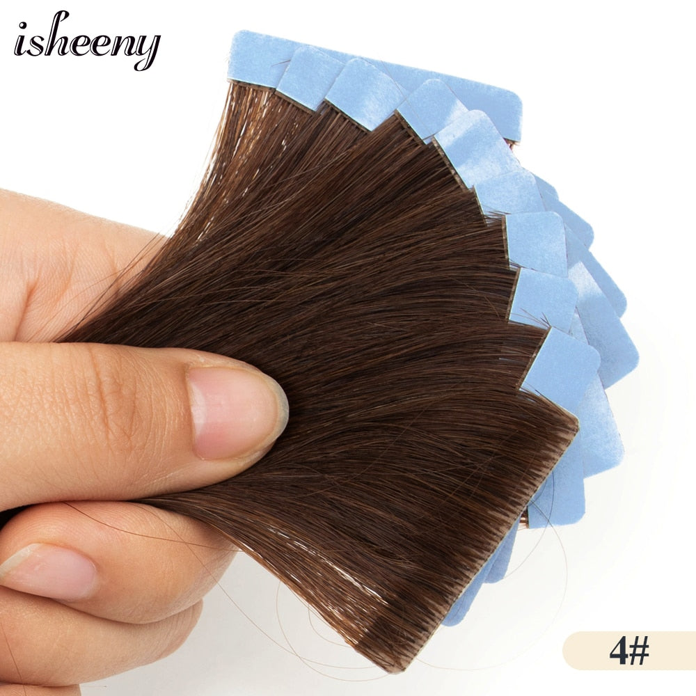 Isheeny 12&quot; 16&quot; 20&quot; PU Skin Weft Tape Hair Extensions 10pcs Invisible Tape In Hair Extensions Straight Machine Remy Human Hair