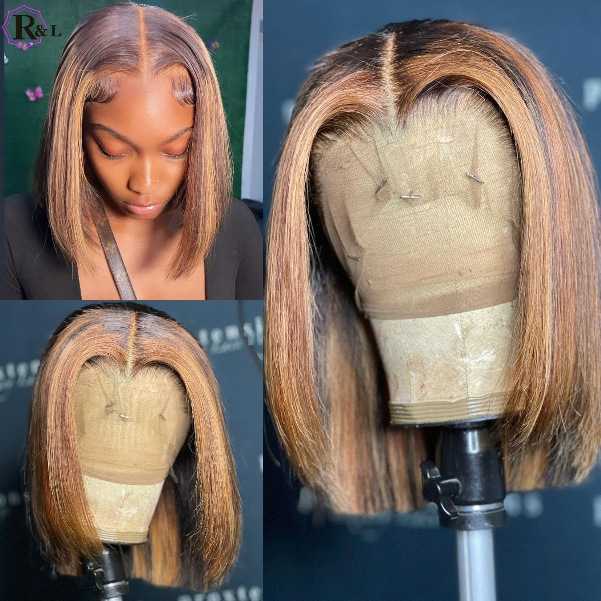 RULINDA Highlight Ombre Colored Bob Short Human Hair Wigs Straight Hair 13X4 Lace Front Wigs Glueless Brazilian Remy Hair