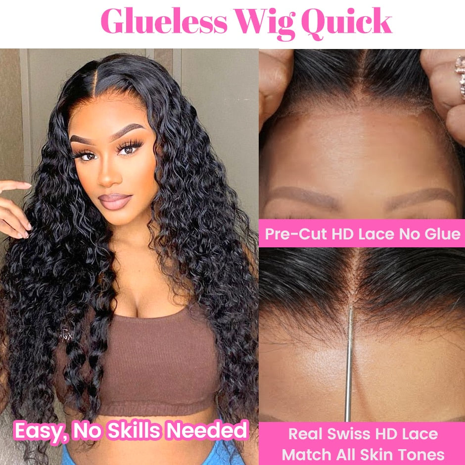 Water Wave Curly Glueless Wigs Easy Wear Go Glueless Wig Pre-Cut Swiss Lace Wig Natural Wave Curly Human Hair Wig For Women