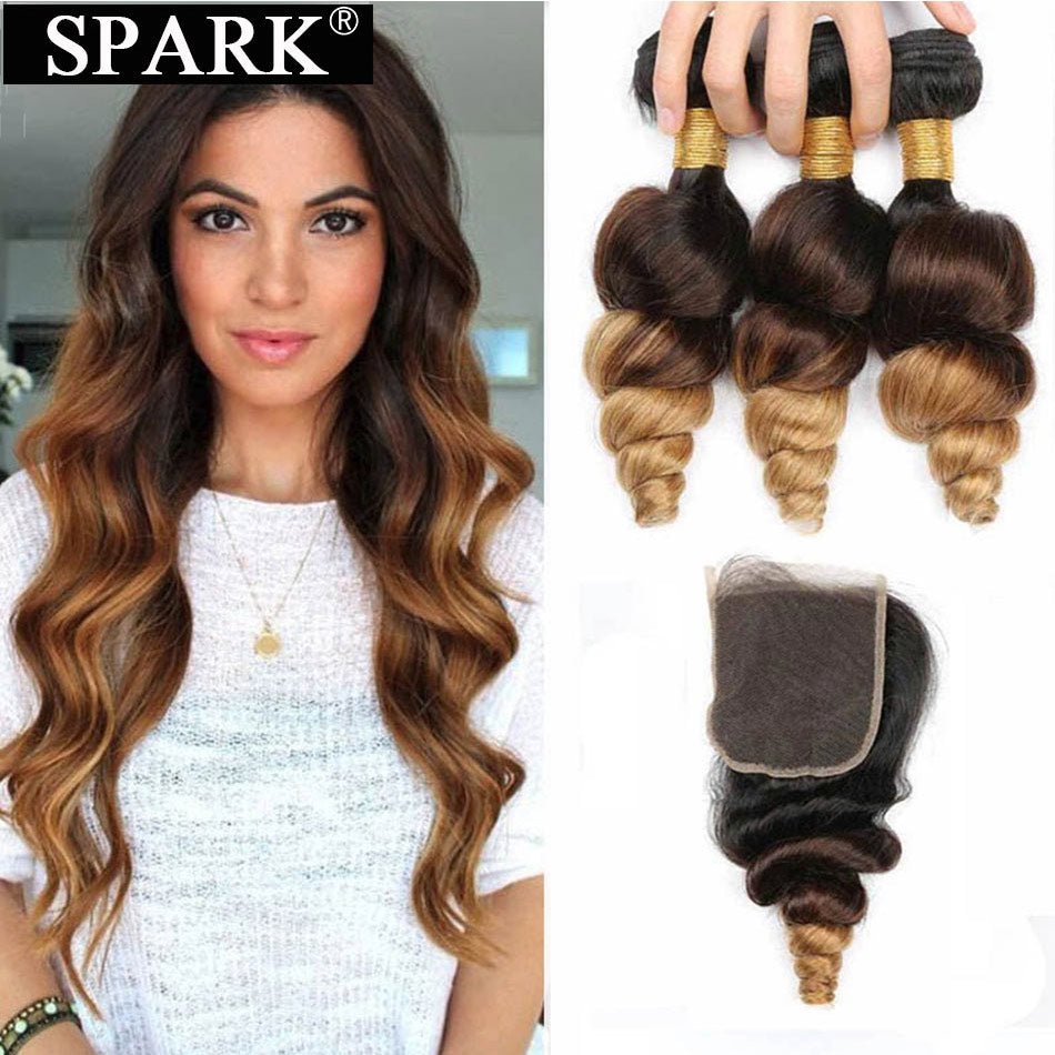 Ombre Peruvian Loose Wave Bundles with Closure 1B/4/30 Spark Remy Hair Extension Human Hair Bundles with Closure Medium Ratio