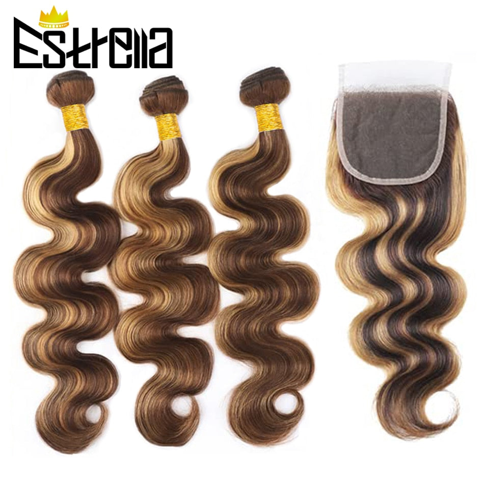 Ombre Chocolate Brown Bundles With Closure Peruvian Body Wave 1B 33 Hair Colored Human Hair Bundles and 4×4 Lace Closure Remy