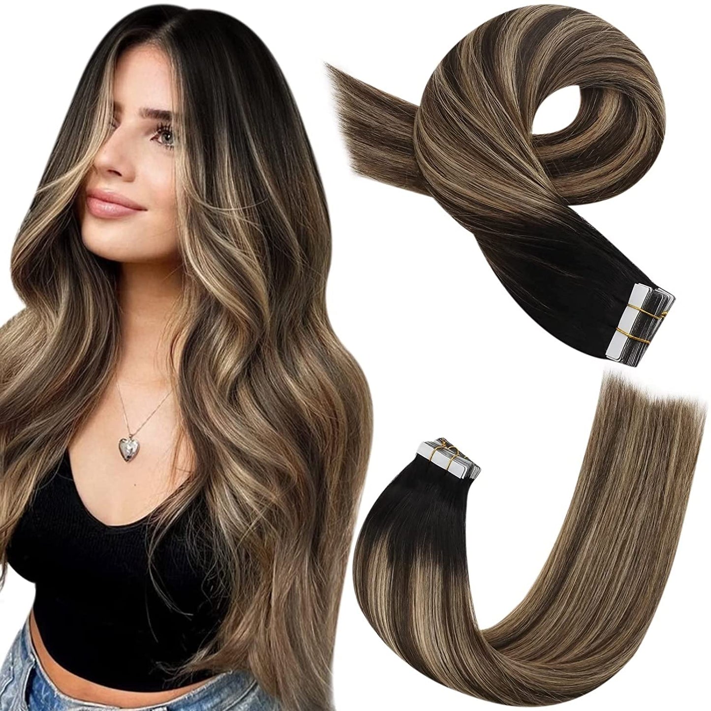 Moresoo Tape in Human Hair Extensions Balayage Blonde Hair Remy Hair Natural Soft Skin Weft Straight Seamless Hair Tape in Hair