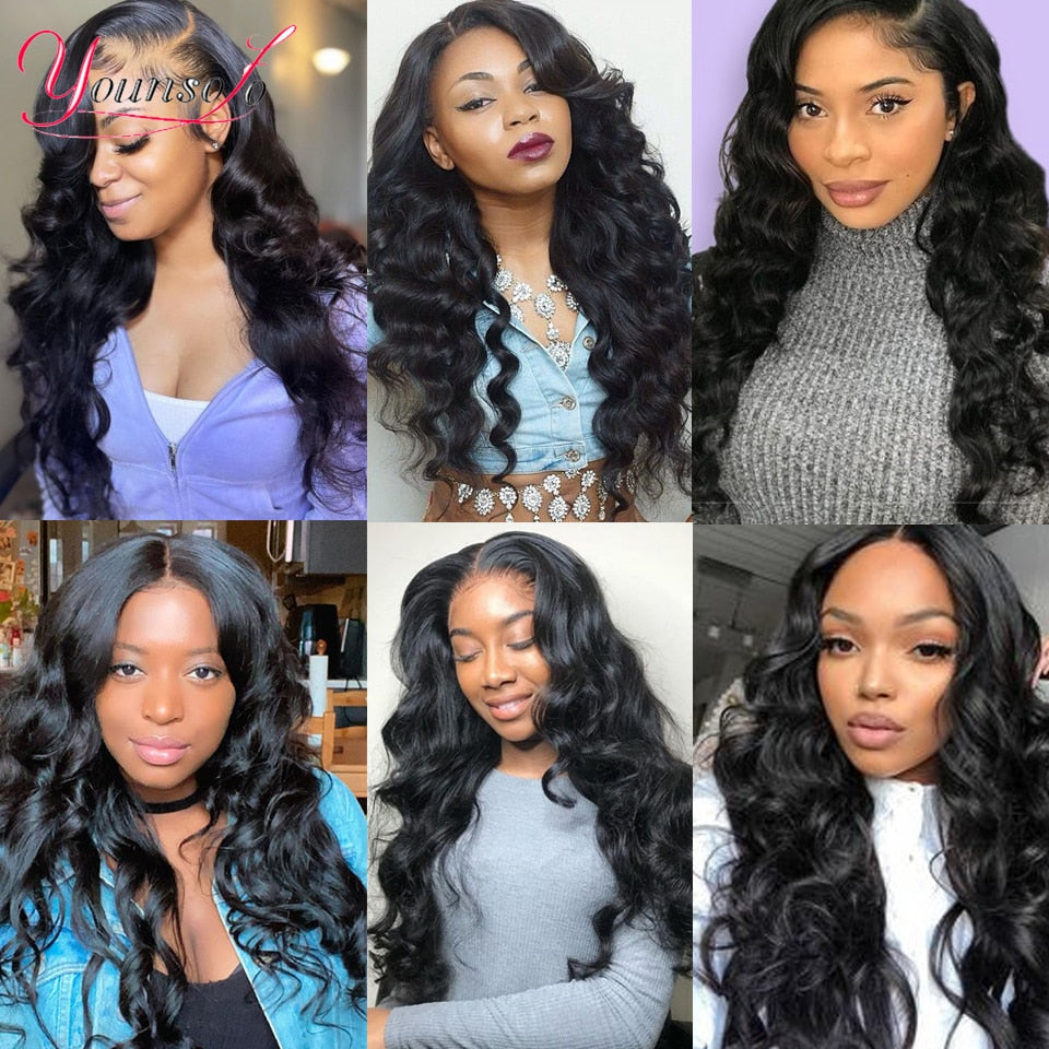 Younsolo Human Hair Loose Wave Bundles With Closure Brazilian Remy Human Hair 3/4 Bundles With Swiss Lace Closure Natural Black