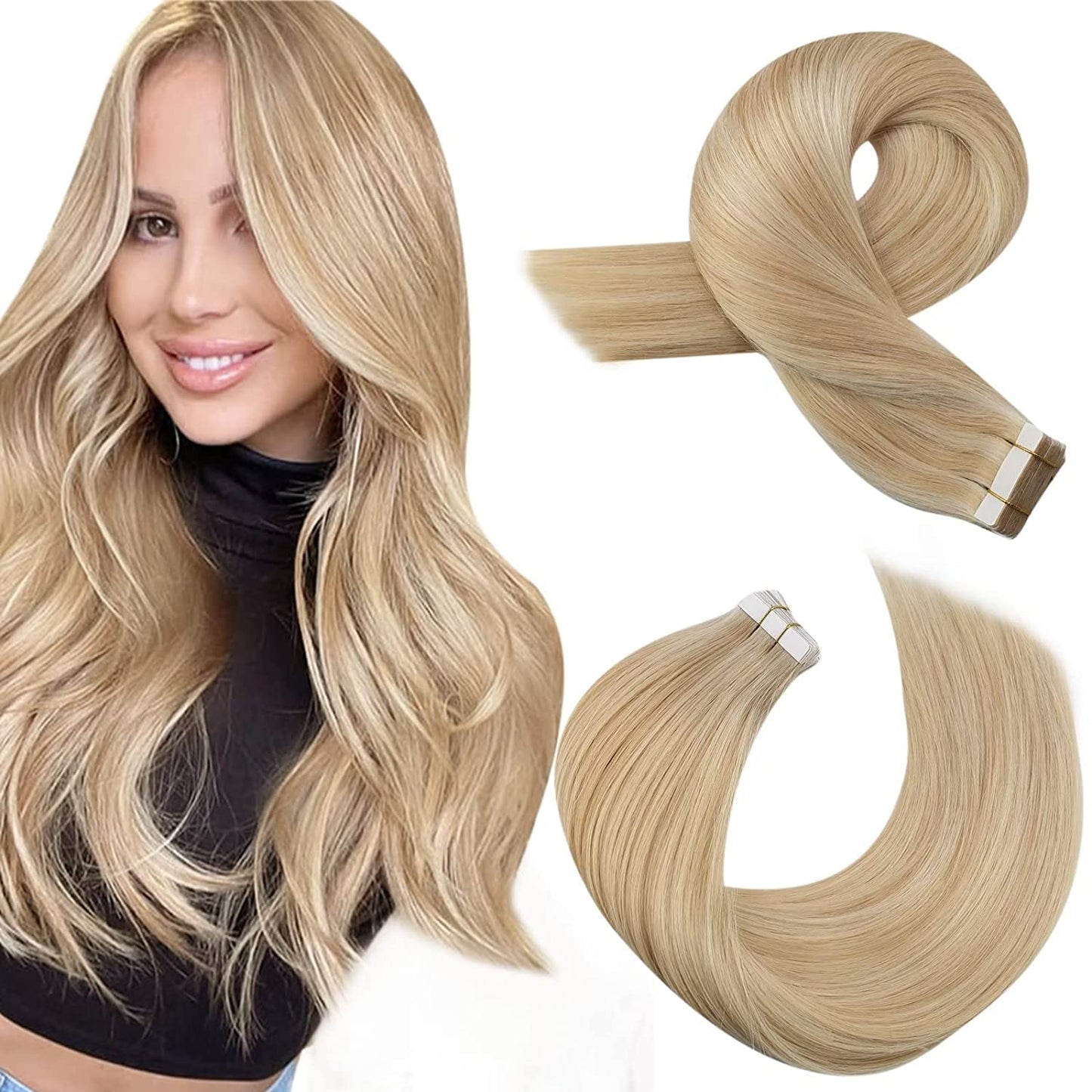 Moresoo Tape in Human Hair Extensions Balayage Blonde Hair Remy Hair Natural Soft Skin Weft Straight Seamless Hair Tape in Hair