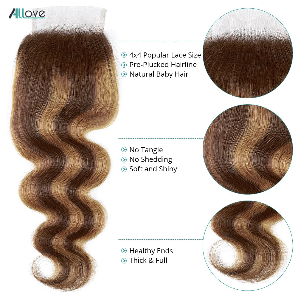 Allove Highlight Bundles With Closure Brazilian Ombre Body Wave Bundles With Closure P4/27 Brown Color Remy Hair Weave Bundles