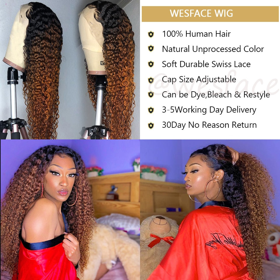 Brown Ombre Human Hair Wigs 13x4 Curly Lace Front Human Hair Wigs for Black Women Brazilian Lace Part Curly wigs Remy hair 150%