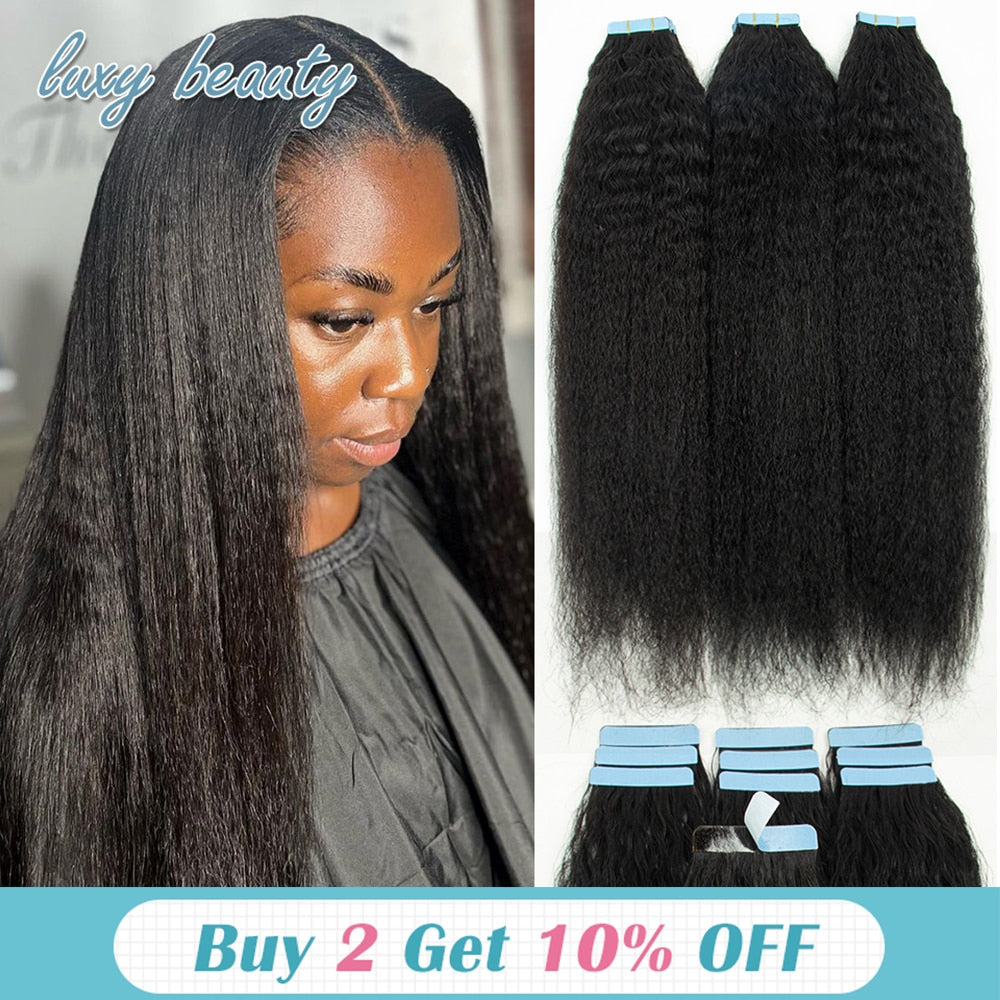 Kinky Straight Tape In Human Hair Extensions 100% Remy Tape in Hair Adhesive Invisible Brazilian Natural Black 12&quot;-26&quot; inches
