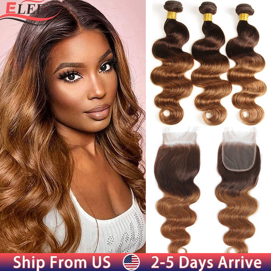Ombre Body Wave Bundles With Closure Brazilian Human Hair Weave Bundles With Closure T4/30 Colored Bundles With Lace Closure