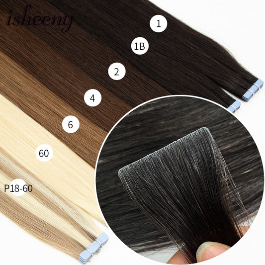 Isheeny 12&quot; 16&quot; 20&quot; PU Skin Weft Tape Hair Extensions 10pcs Invisible Tape In Hair Extensions Straight Machine Remy Human Hair