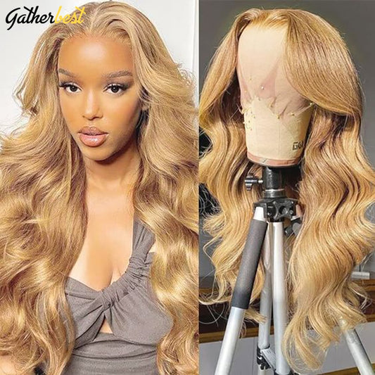Honey Blonde Lace Front Human Hair Wigs Body Wave Colored  Lace Frontal Wigs HD Transparent